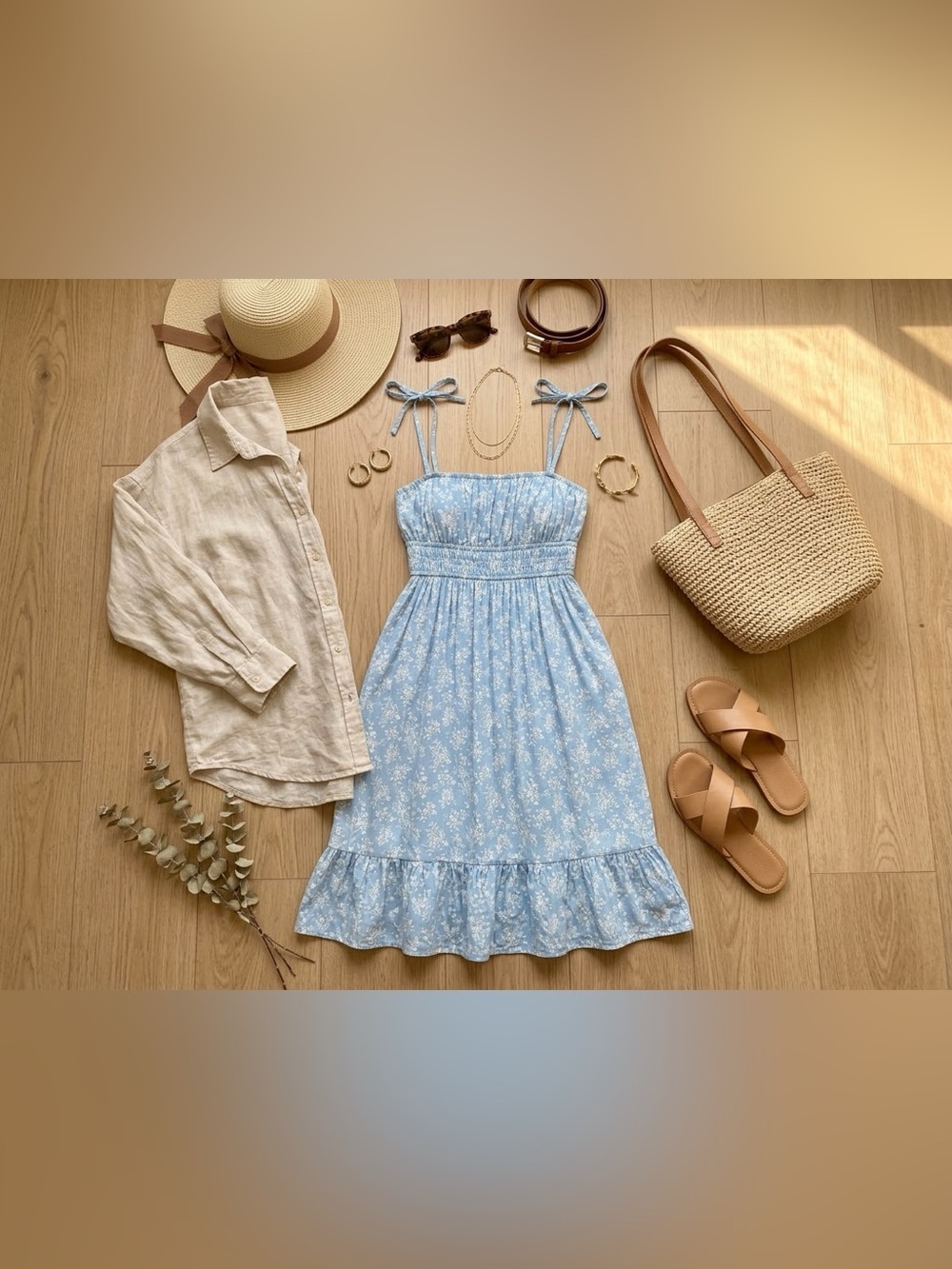 Light Blue Floral Midi Dress Small A-Line Summer Cottagecore Tie Strap Plaid